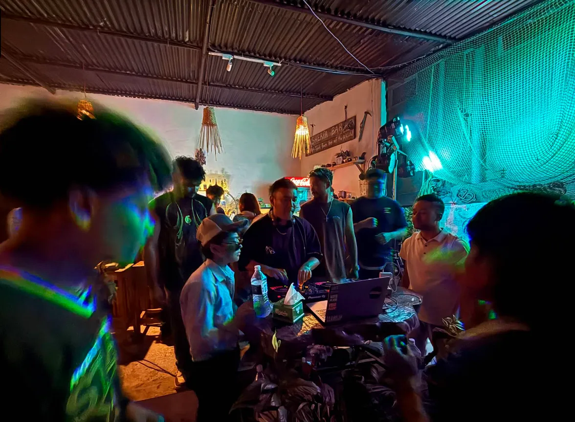 The upstairs Sherpa bar during a busy late-night session.