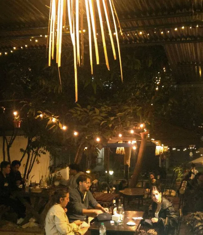 The garden at night, full of guests under warm string lights.